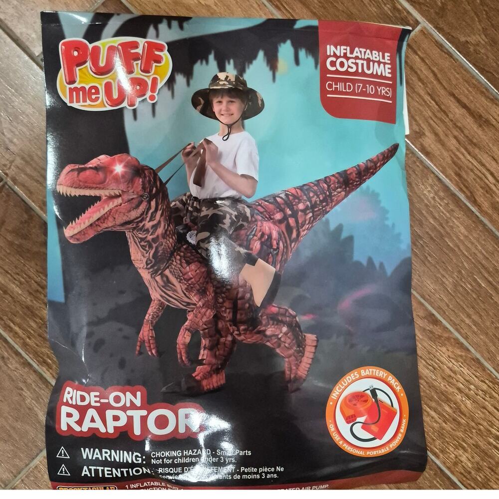 Halloween Costume Inflatable Dinosaur Costume Kid Riding Raptor Air Blow 7-10 YR